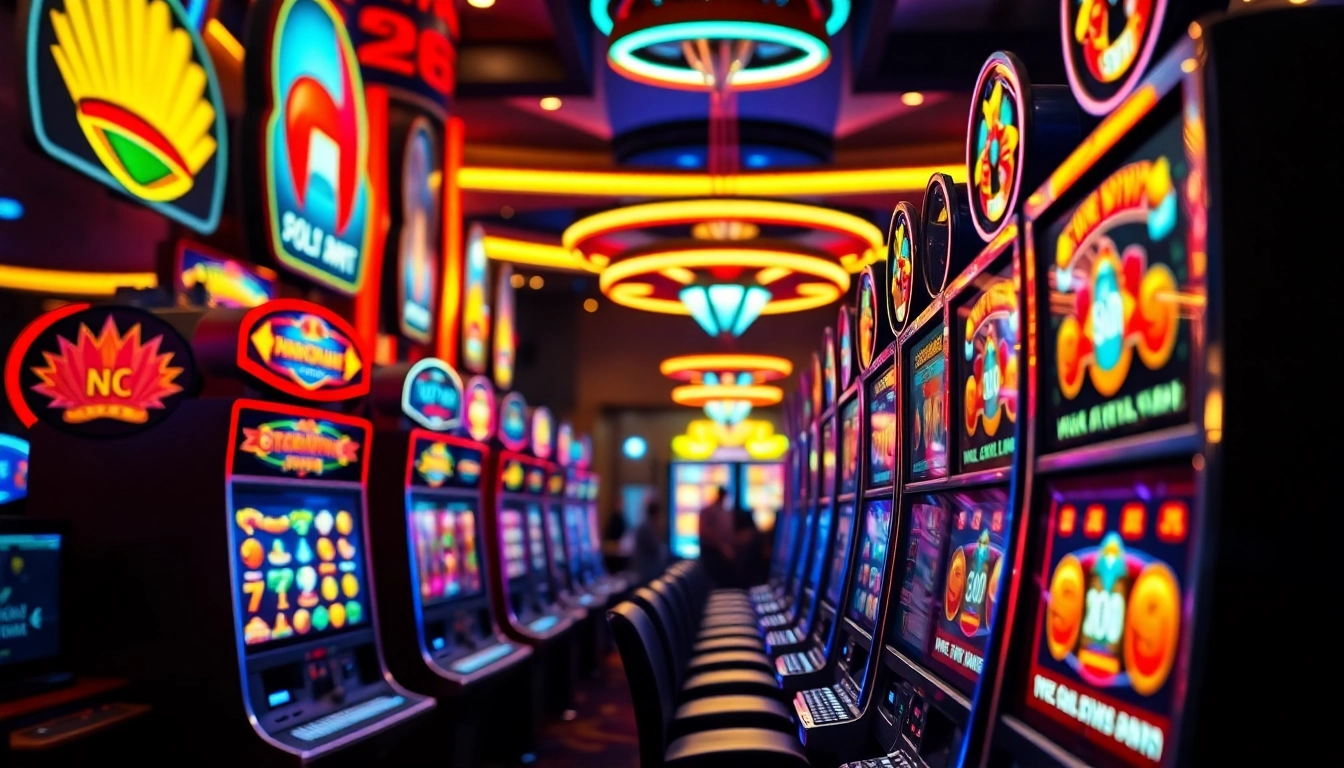 Mainkan game slot yang menyenangkan dengan mesin berwarna-warni di kasino yang meriah.
