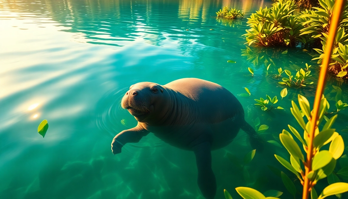 Watch playful manatees puerto rico swim in a tranquil lagoon surrounded by lush greenery.