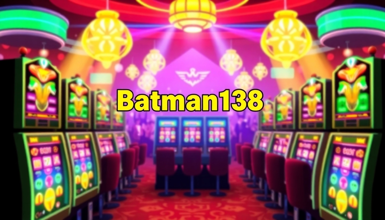 Menampilkan judi slot online batman138 dengan mesin slot berwarna cerah dan suasana meriah kasino.