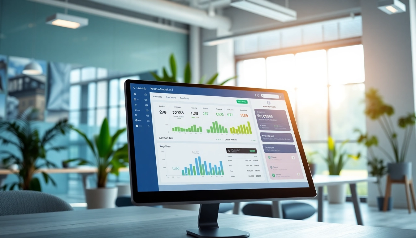 Visualize short-term rental ai software interface setting with an analytical dashboard in a modern office.