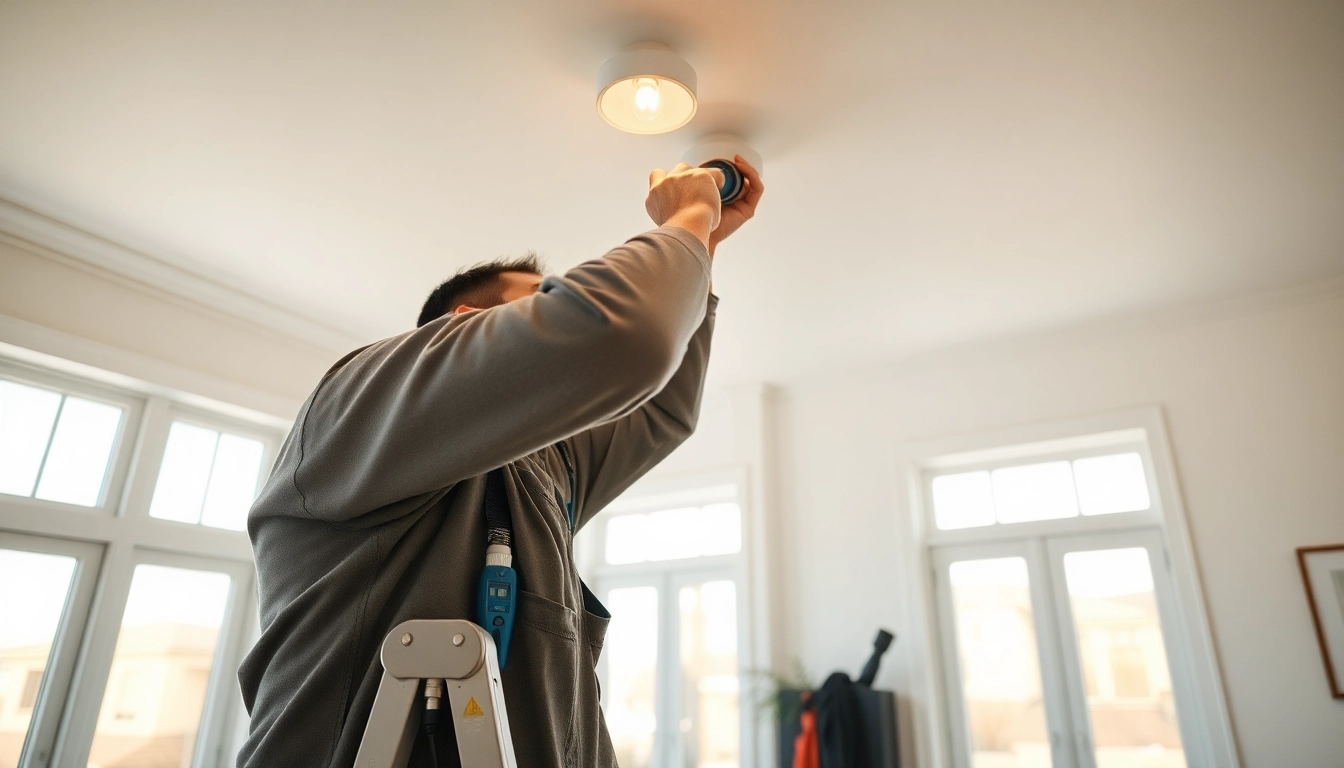 Electrician providing quality electrical service in a residential setting with modern aesthetics.