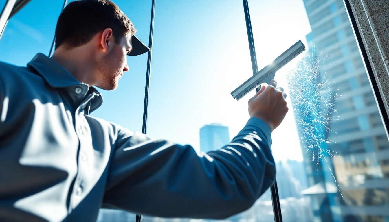 Window cleaning professional squeegeeing glass, showcasing skill in urban surroundings.