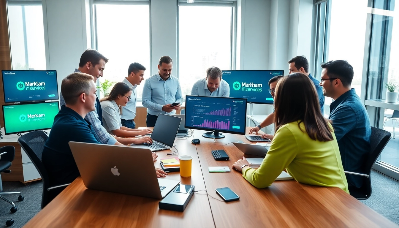 Showcase of Markham IT Services team collaborating in a modern office environment.