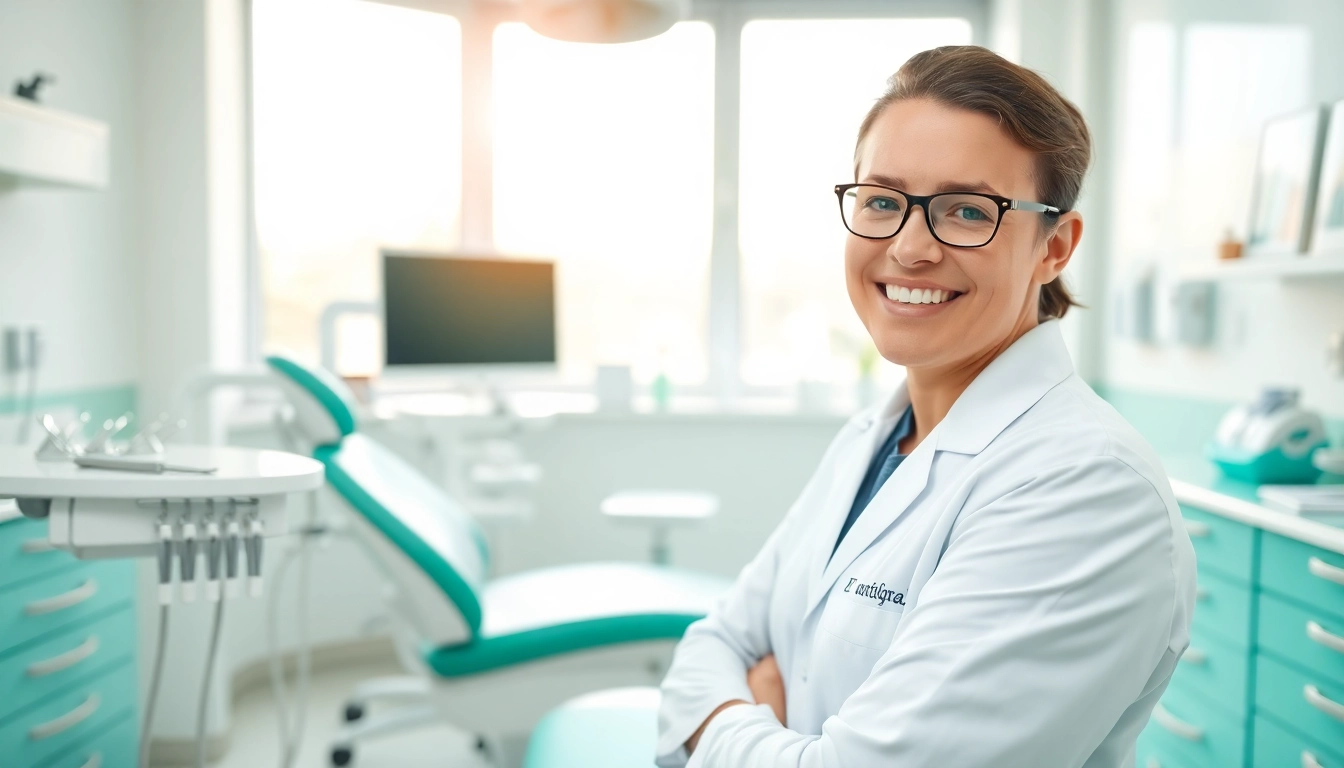 Highlighting dental hygiene practices in a pristine clinic setting with a dentist preparing for care.