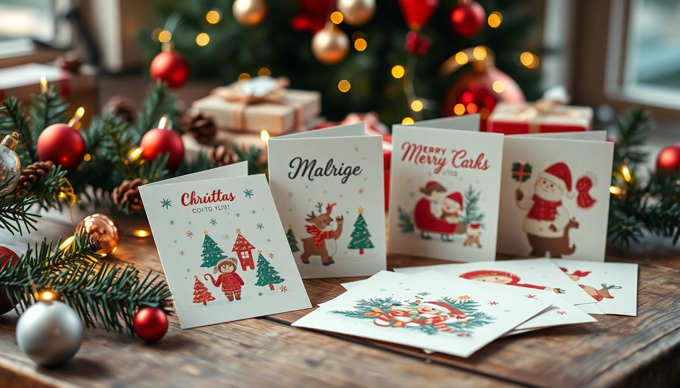 Personalized A5 Xmas cards displayed on a festive setting with decorations.