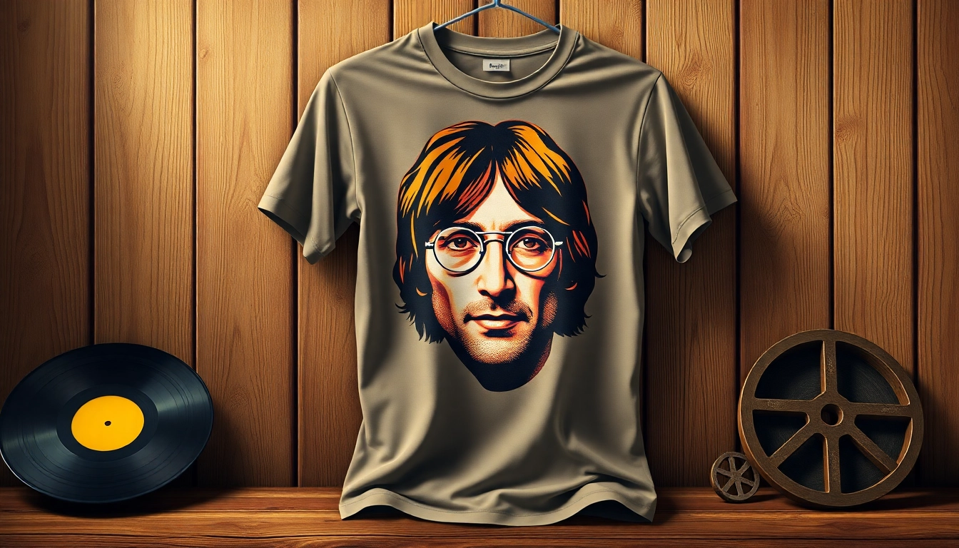 Stylish John Lennon t shirt showcased on a vintage wooden backdrop with iconic design.