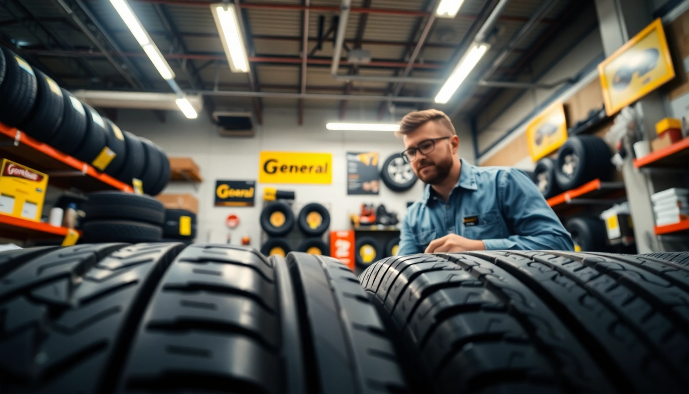 Explore General tires in a well-lit store showcasing various high-quality tire models.