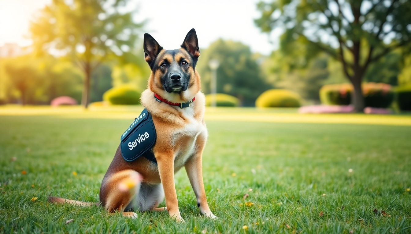Service dogs for sale showcasing a trained dog in a sunny park setting.