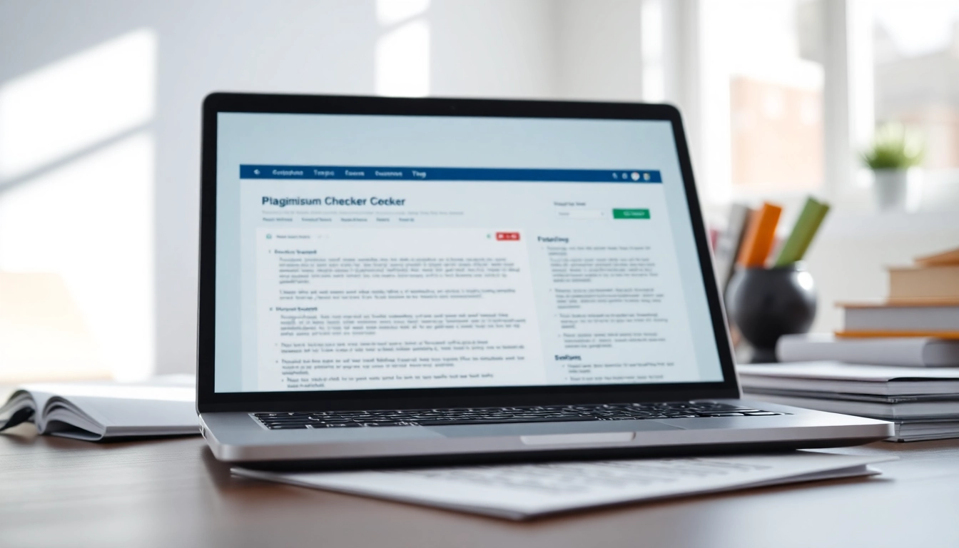 Check results from a plagiarism checker tool on a laptop screen in a modern workspace.