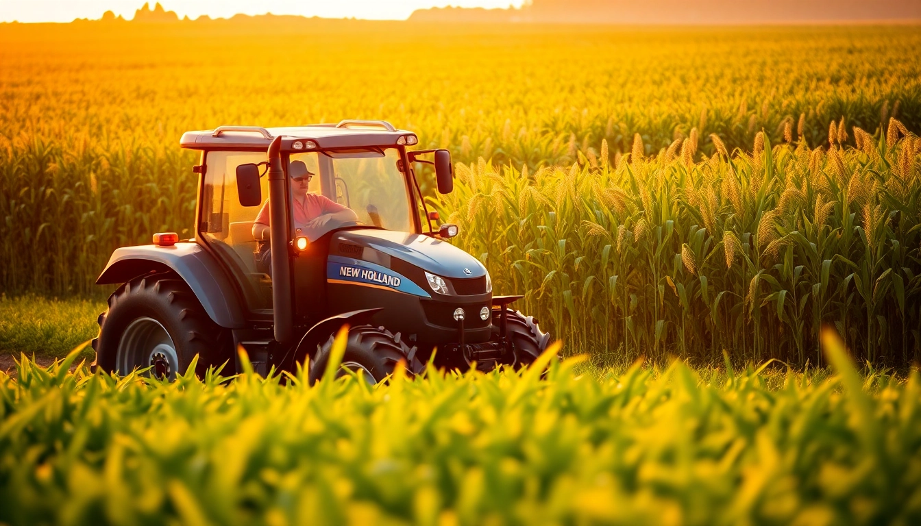 Ein New Holland-Traktor arbeitet in einem üppigen grünen Feld bei Sonnenuntergang.