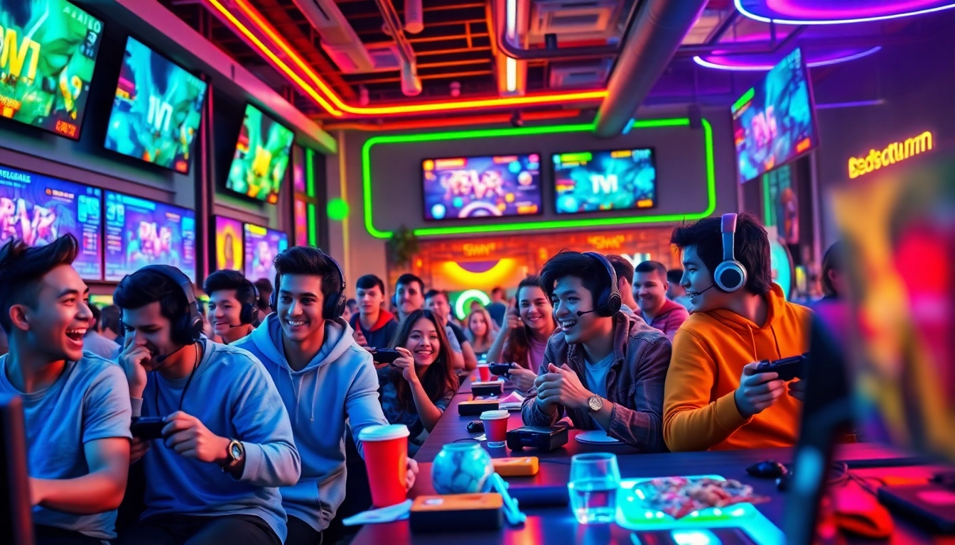 Bermain game online dengan karakter variasi di lounge gaming futuristik yang cerah.
