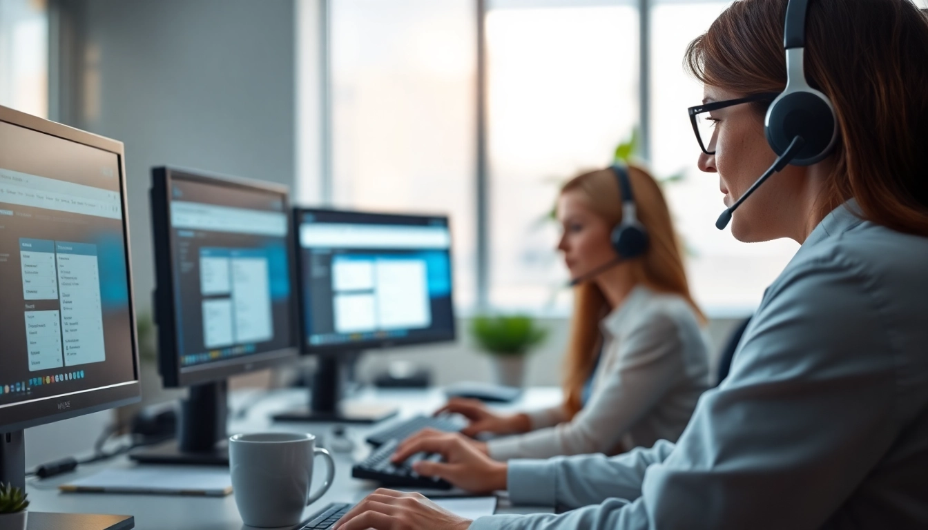 Enhance helpdesk support with a focused technician aiding a customer via computer in a modern office.