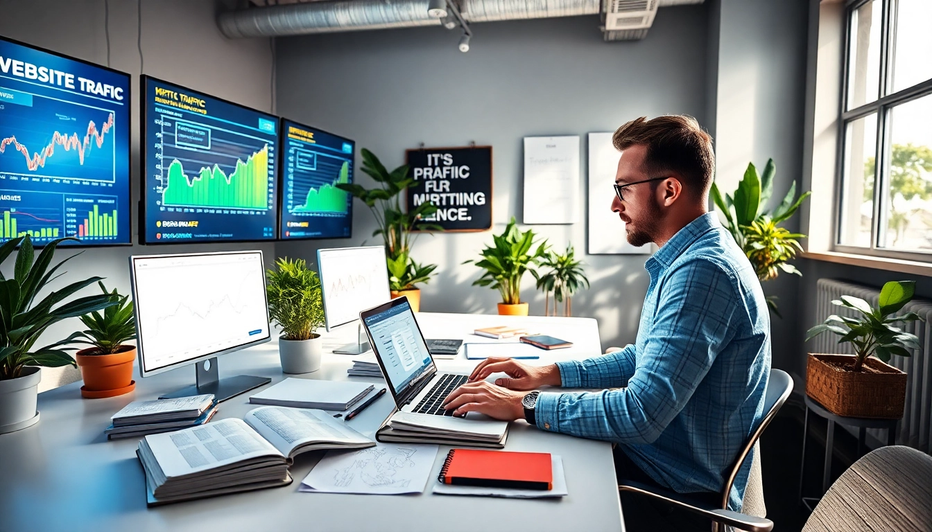 Uncover TRAFFIC SECRETS with a marketing expert analyzing data in a vibrant office.