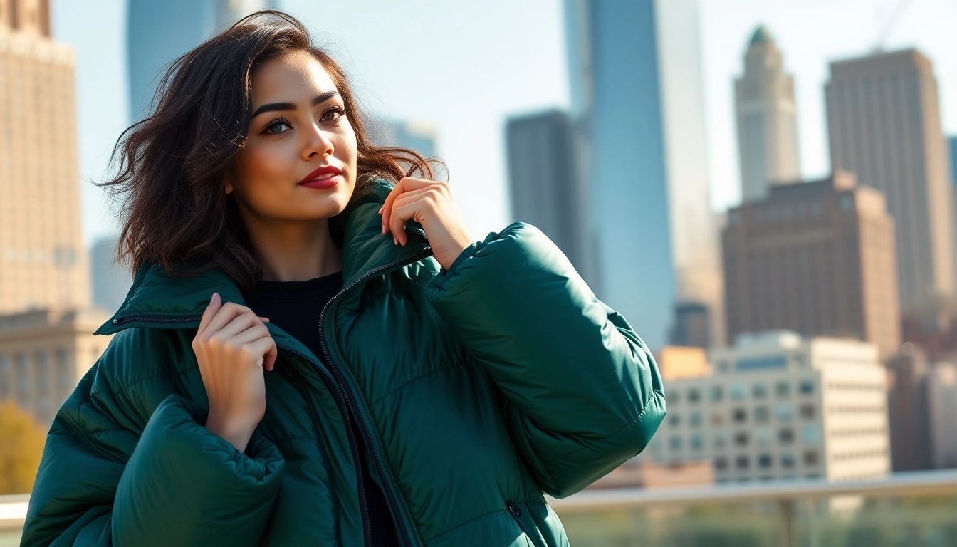 Woman confidently wearing an Oversize Puffer Jacket against a vibrant city skyline.