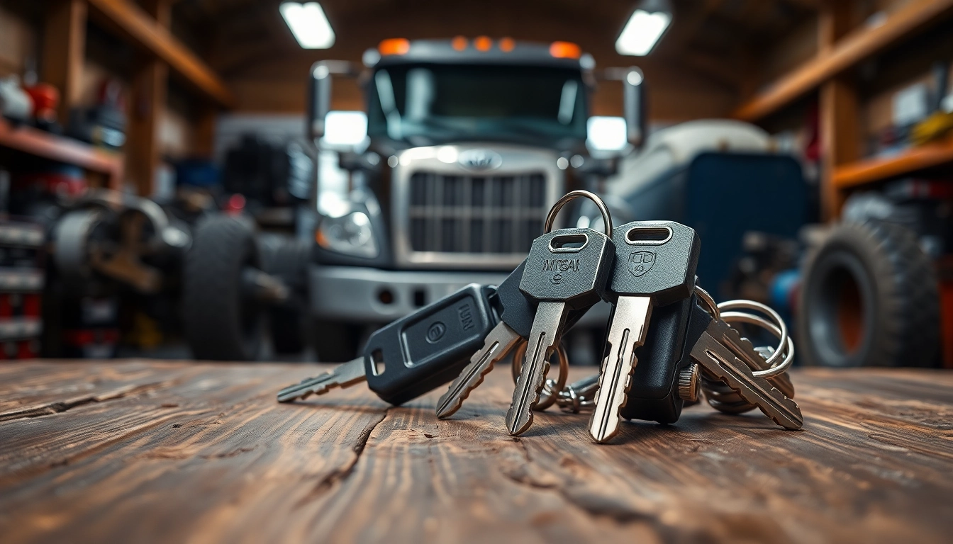 Showcasing truck keys with intricate designs on a sturdy wooden table in a garage.