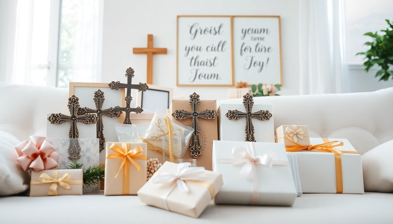 Explore elegant Christian gifts displayed beautifully in a warm environment.