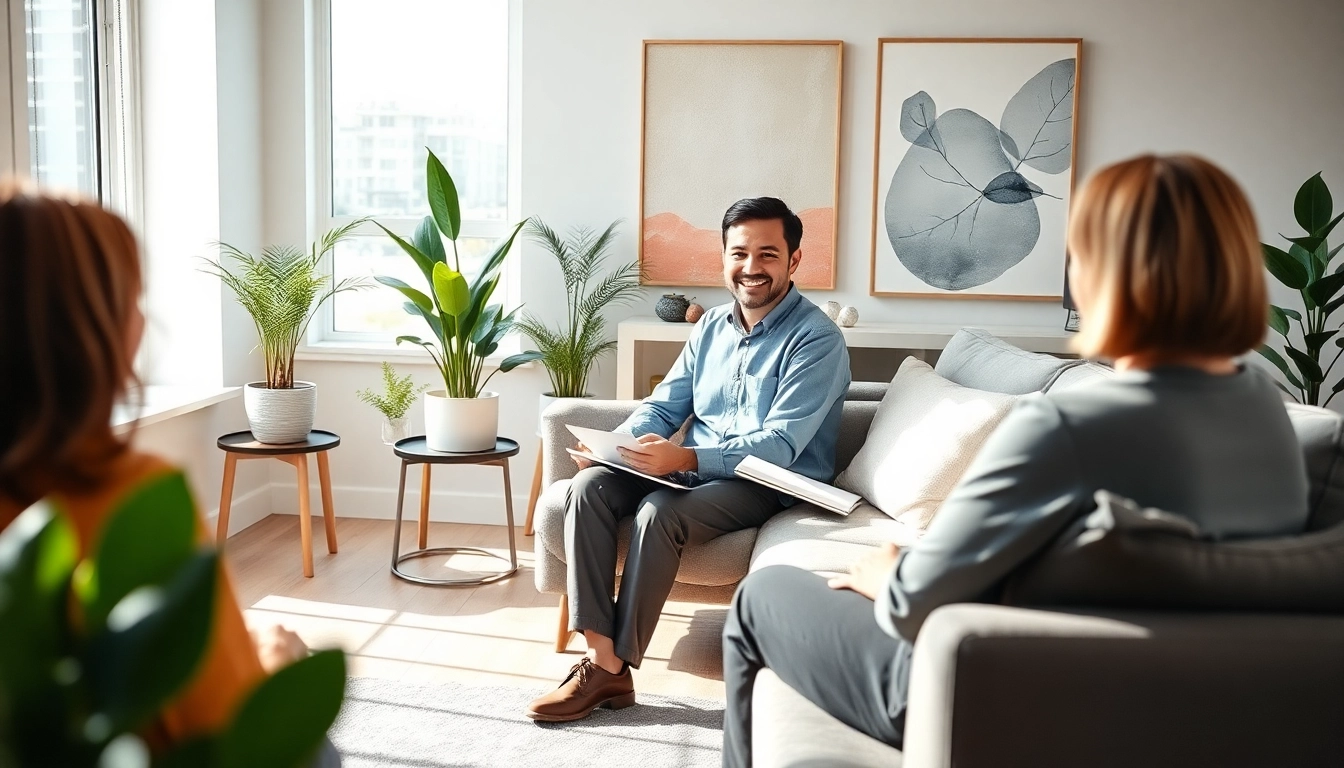 Psychologist actively engaging with a client in a modern therapy office.