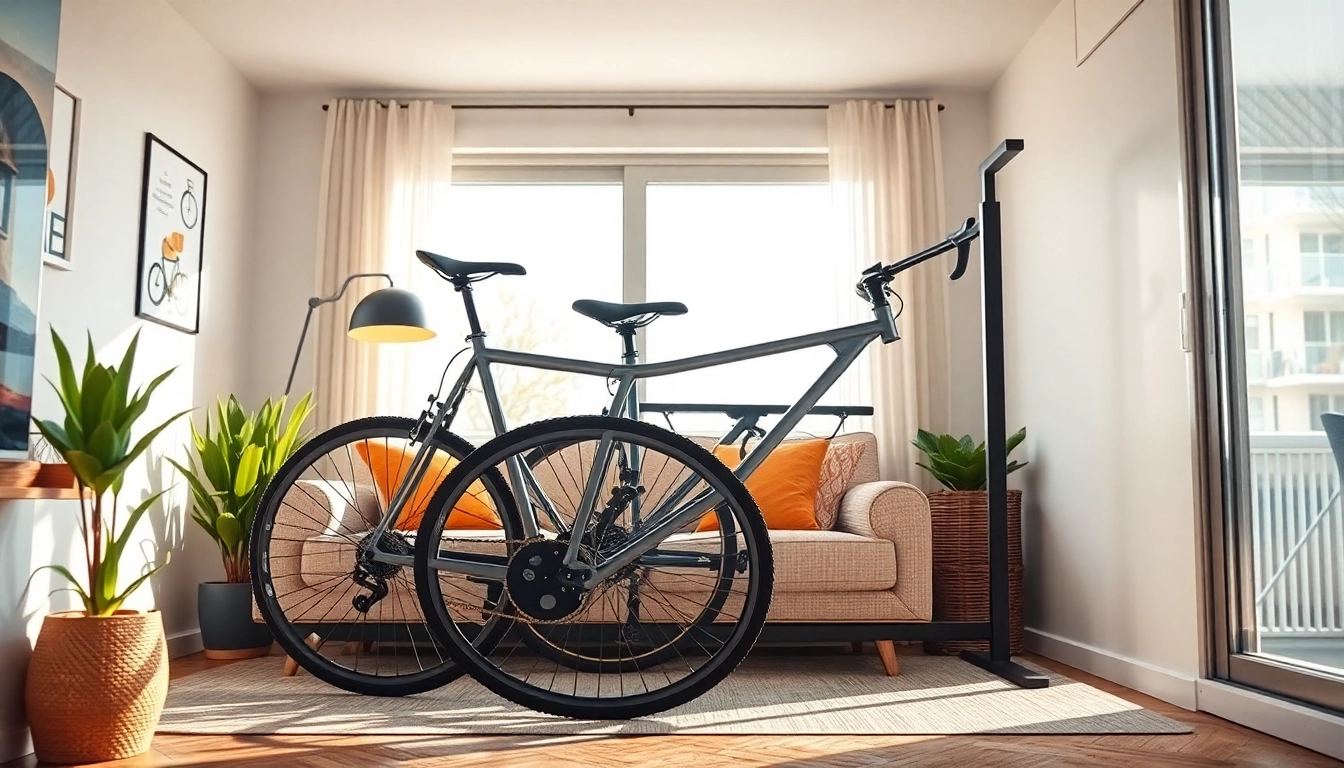 Organized apartment bike storage solution demonstrating space efficiency and style.