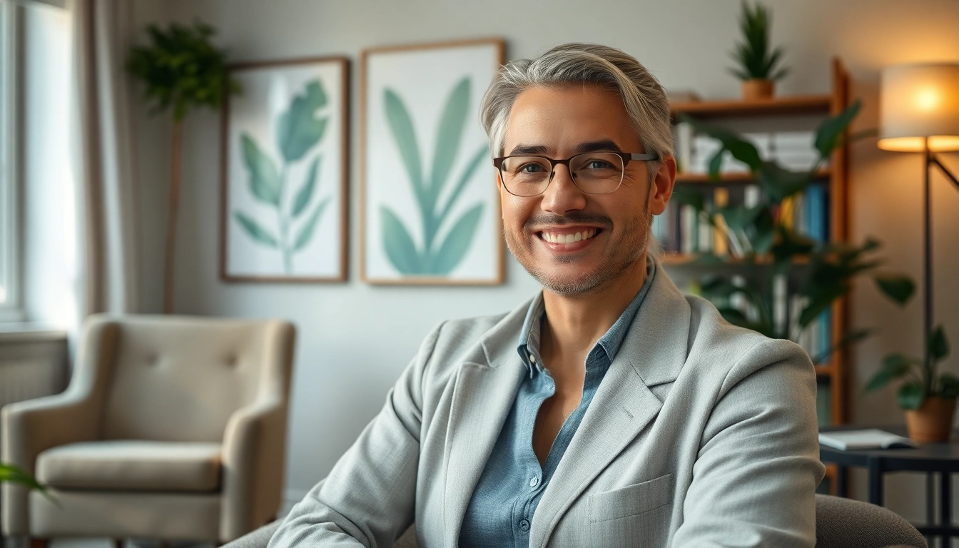 Helping clients through conversation, psychologist offers guidance in a calming office.