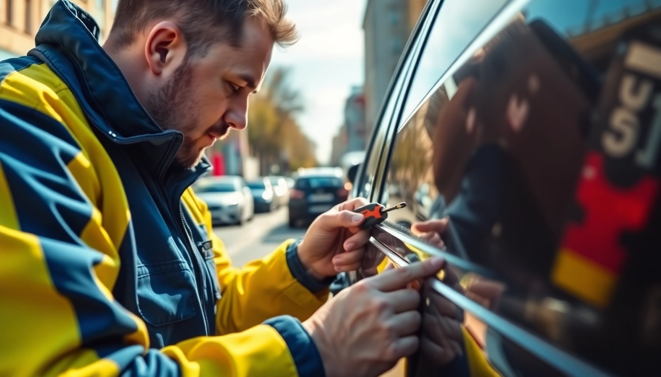 Awaryjne otwieranie Mikołów przez technika w akcji, pomagającego przy samochodzie.