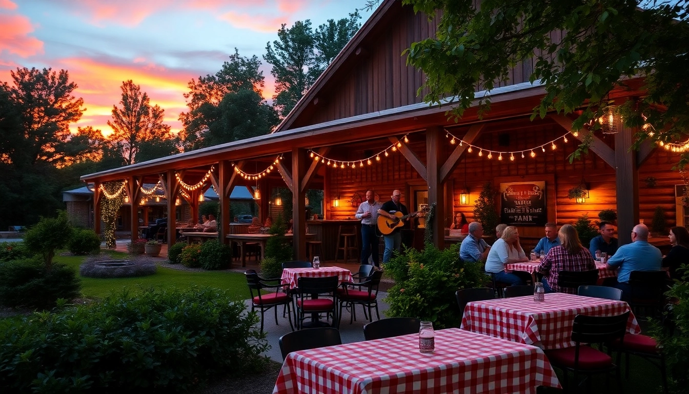 firelight barn photos showcasing a lively outdoor event with happy guests against a sunset backdrop