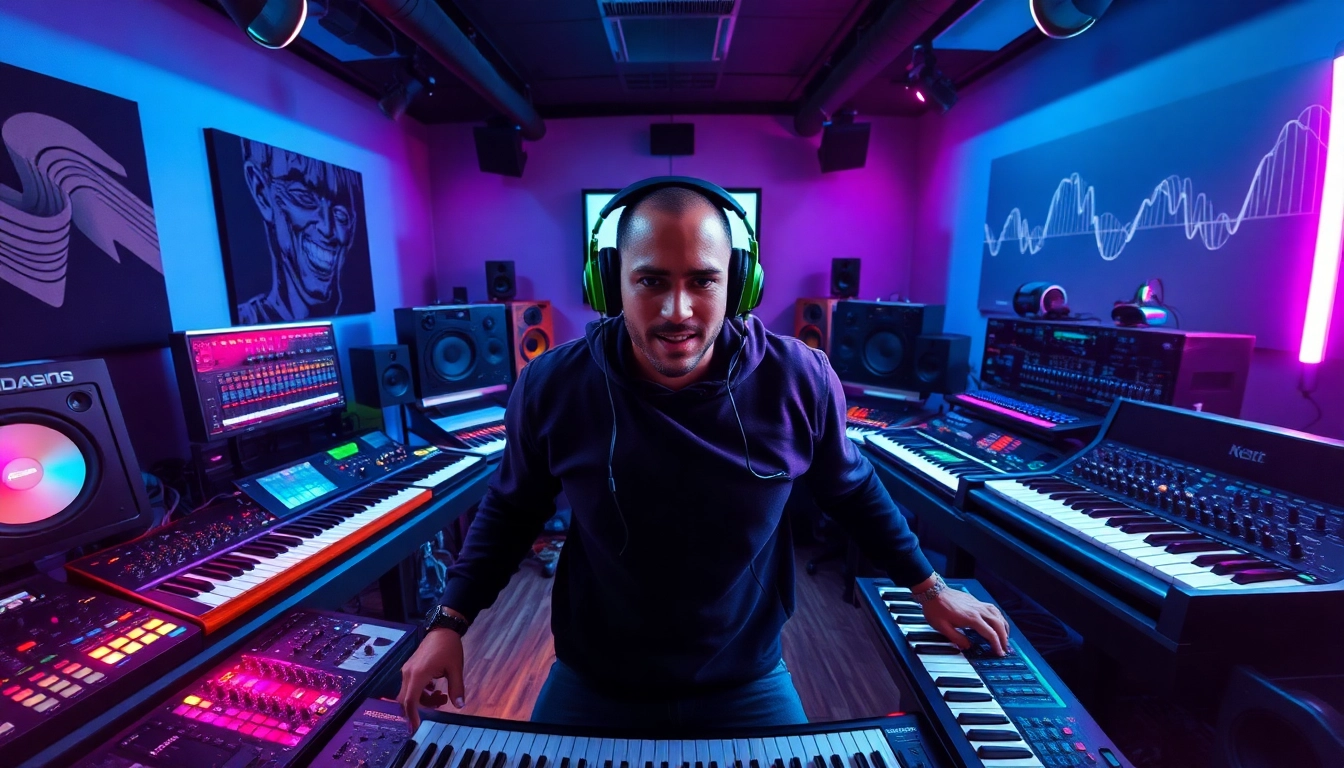 Producing high-energy Drum and Bass presets in a modern music studio with vibrant instruments.