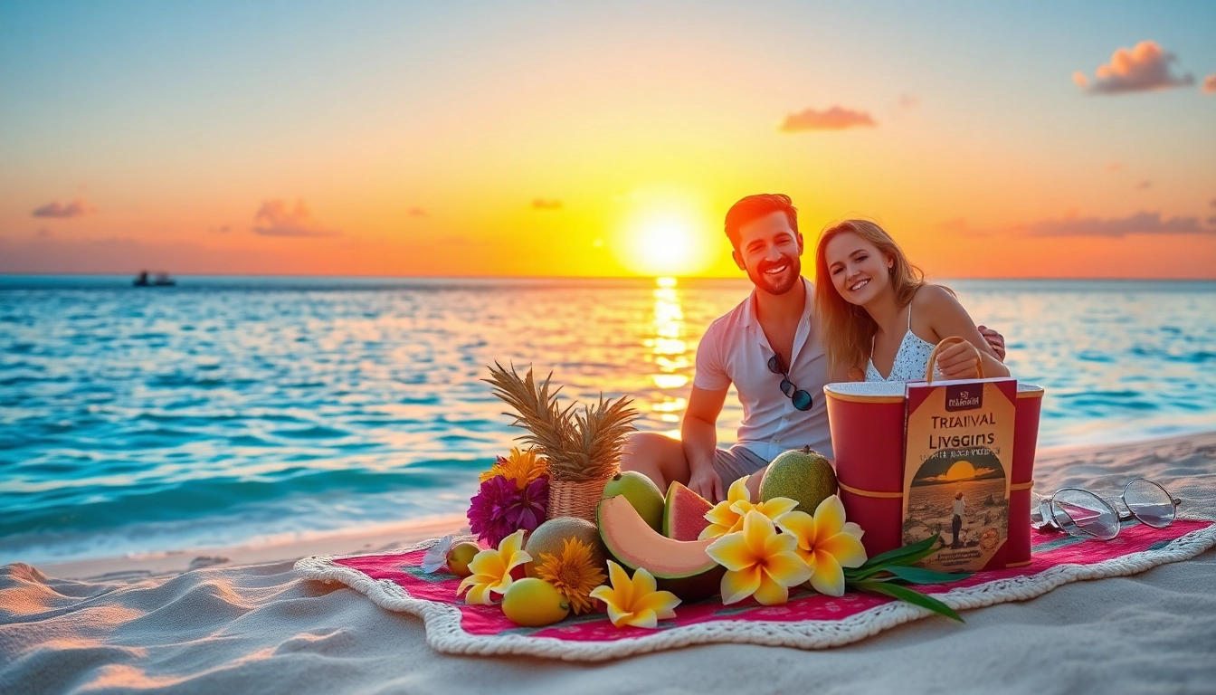 Experience travel packages in a romantic beach setting with vibrant colors and a joyful atmosphere.