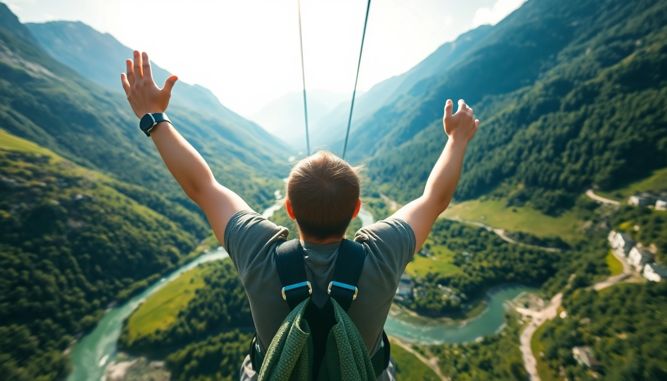 Bovec zipline adventure over a stunning valley, capturing the thrill of soaring through the sky.