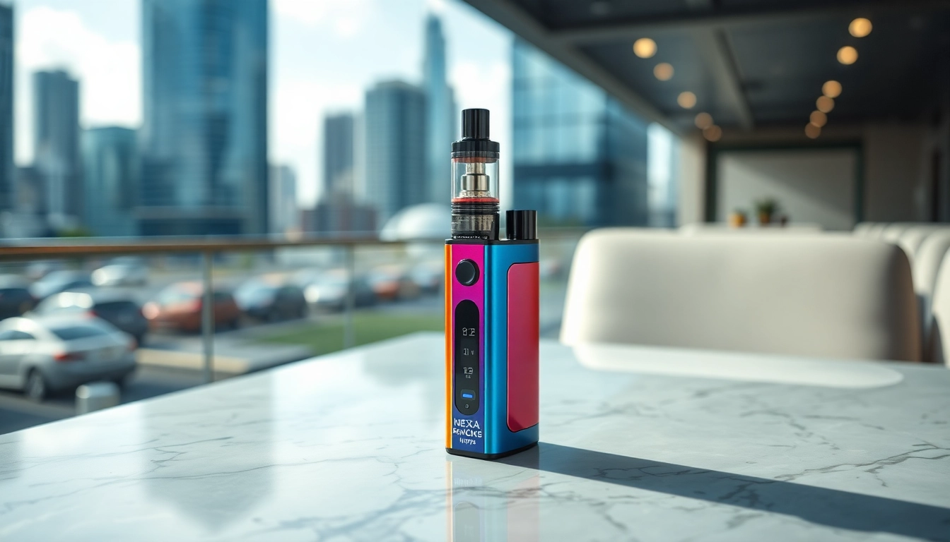 Showcasing the NEXA Ultra 50000 Puffs disposable vape with vibrant design in a modern urban setting.