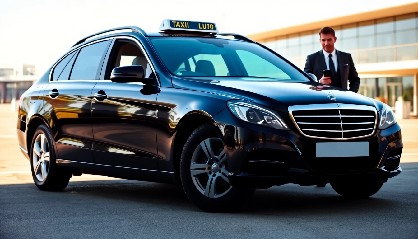 Booking a Herne Bay to Luton airport taxi with a professional driver next to a sleek car at the airport.