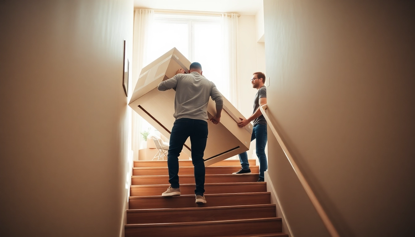 Movers Calgary assisting in a seamless furniture relocation up a staircase.