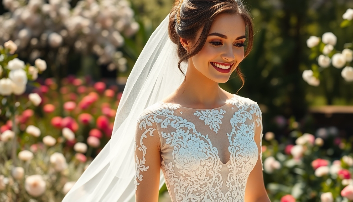 Emphasizing Lace Wedding Dresses, a bride showcases elegance in a romantic garden setting.