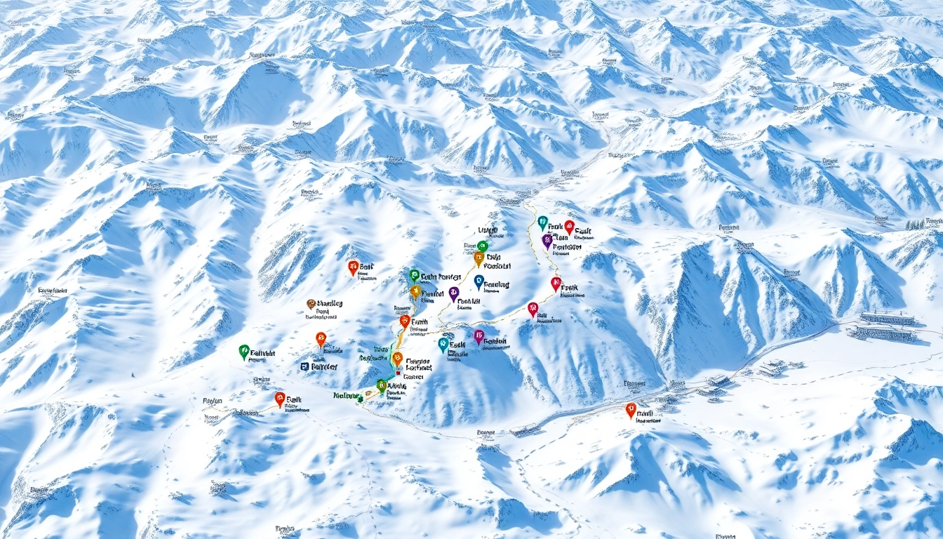 Visualize a ski map of Japan detailing ski resorts and snowy landscapes for skiers.