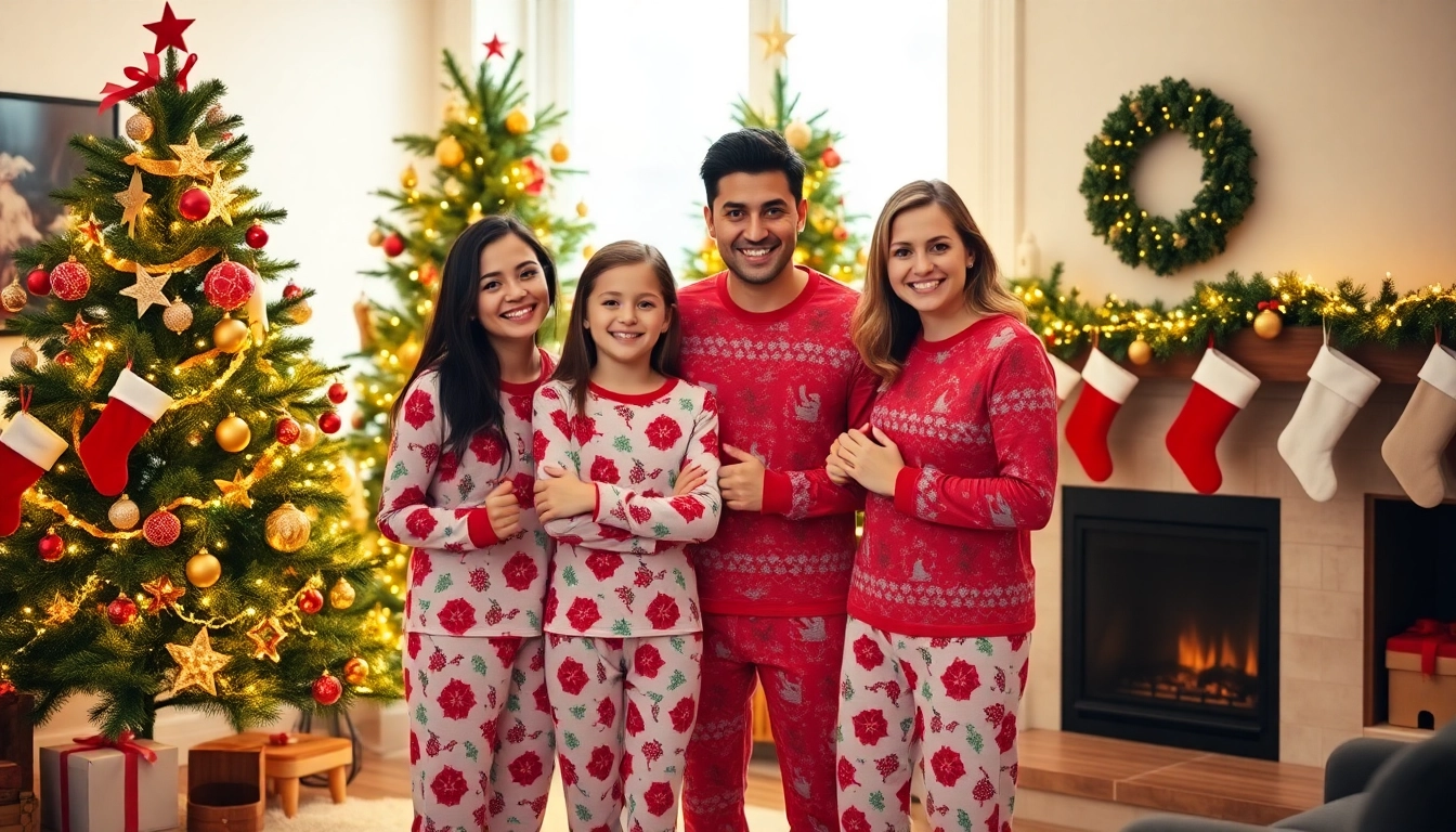 Celebrate the holiday season with joyful family in matching jammies Christmas by the tree.