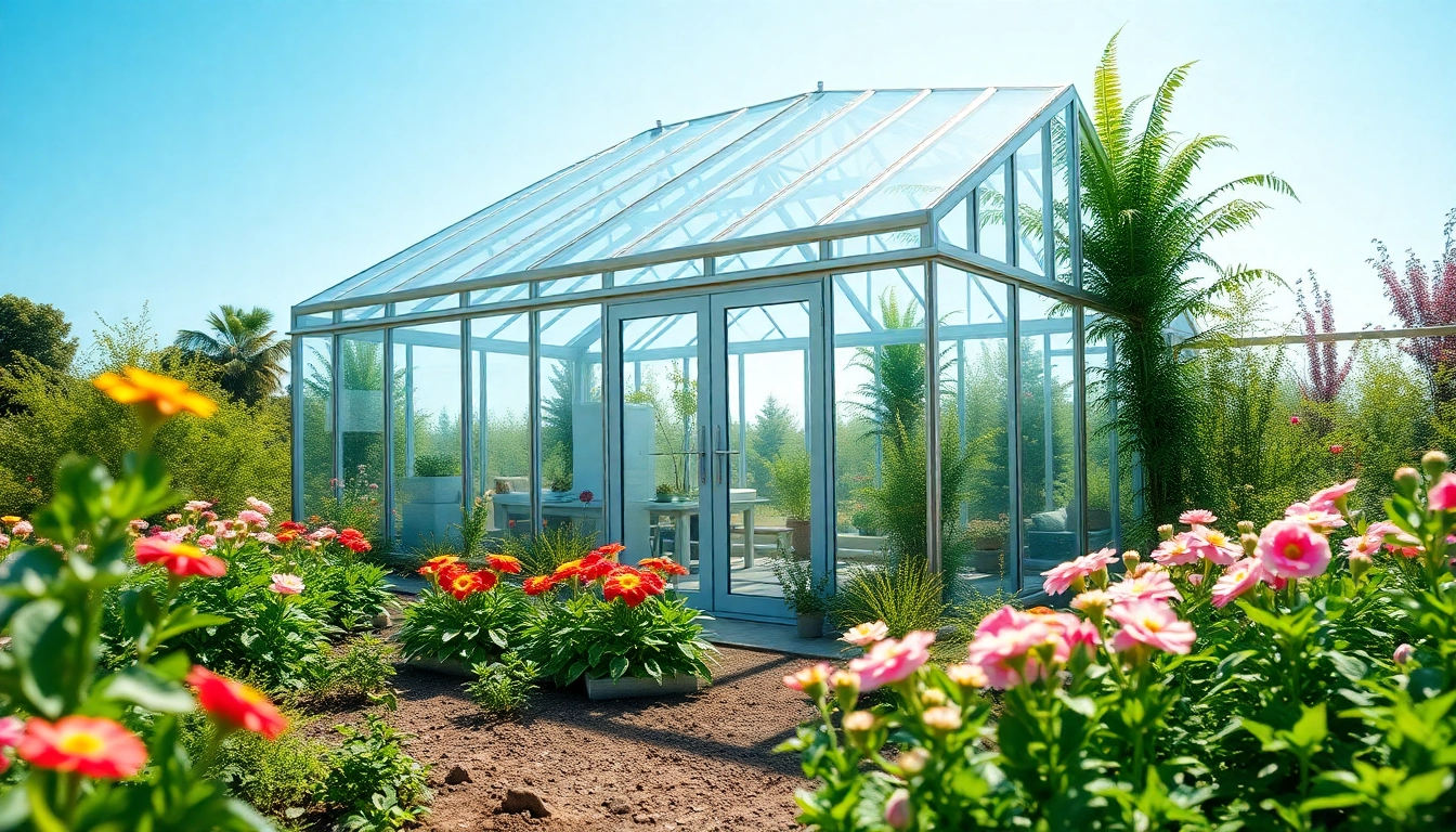Explore a stunning glass greenhouse sunroom surrounded by vibrant floral gardens and greenery.