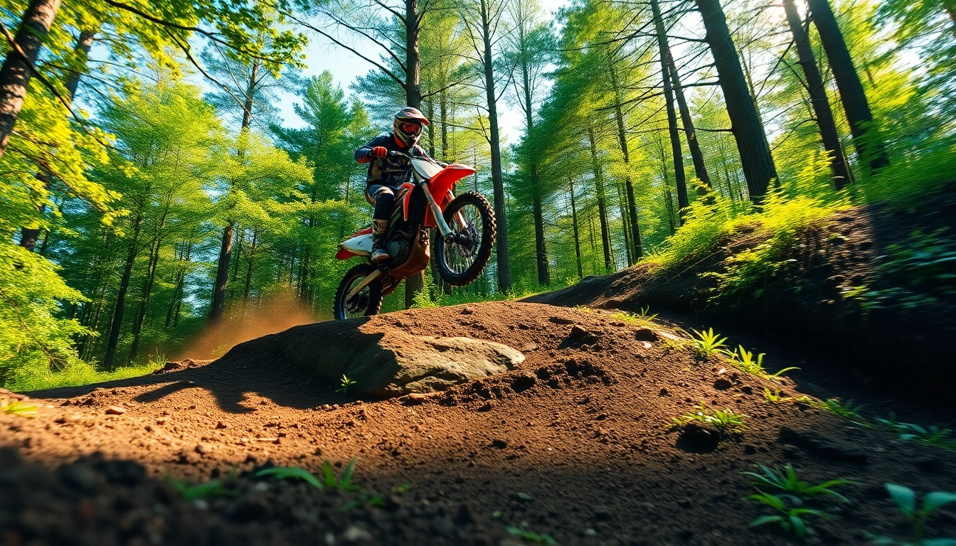 Rider demonstrating skills on a motocross trail against a vibrant forest backdrop.