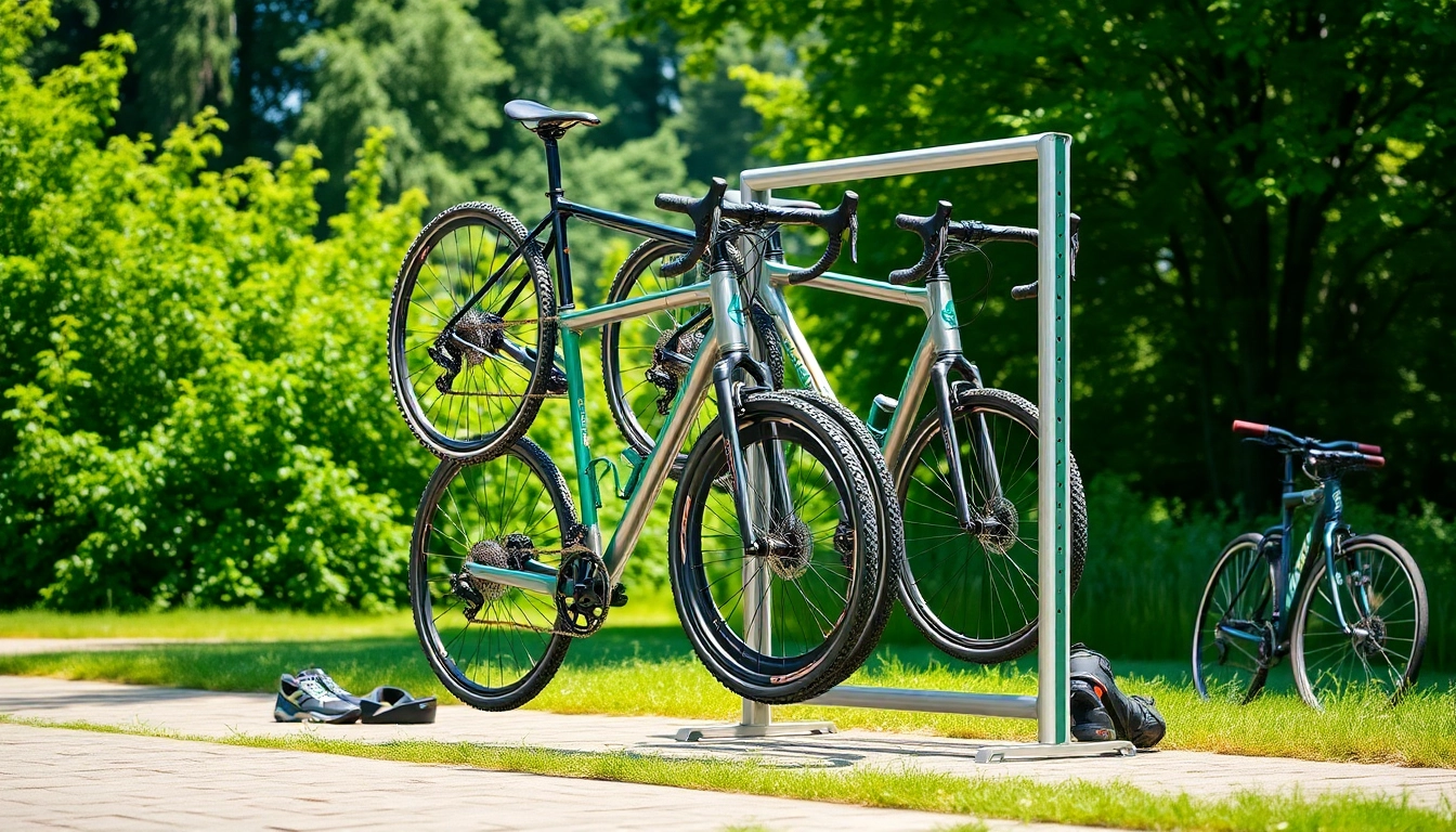 Showcased vertical bike rack holding multiple bikes securely in a vibrant outdoor setting