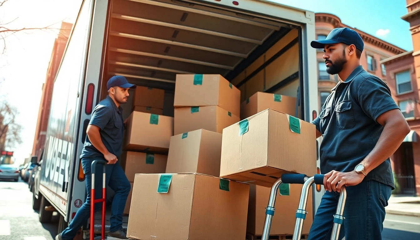 Brooklyn movers efficiently loading a truck with packed boxes in a busy street setting.
