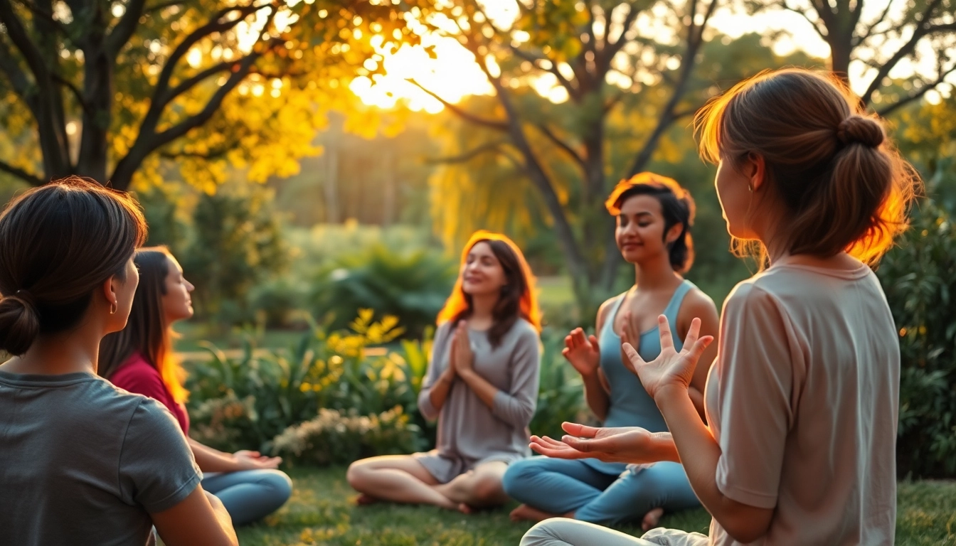 Individuals practicing mindfulness techniques while dealing with stress in a serene outdoor setting.