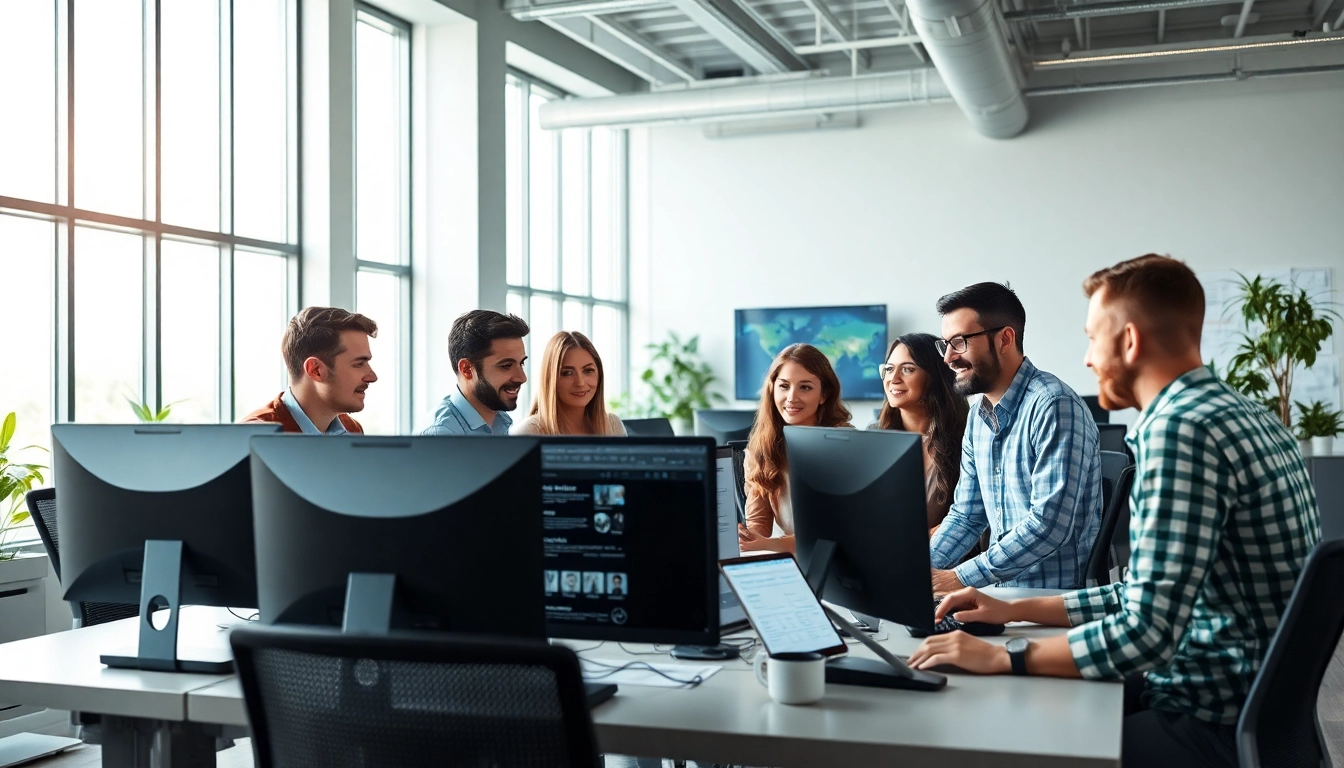 Showcasing professionals in Kansas City web design collaborating within a bright, modern workspace filled with creativity.
