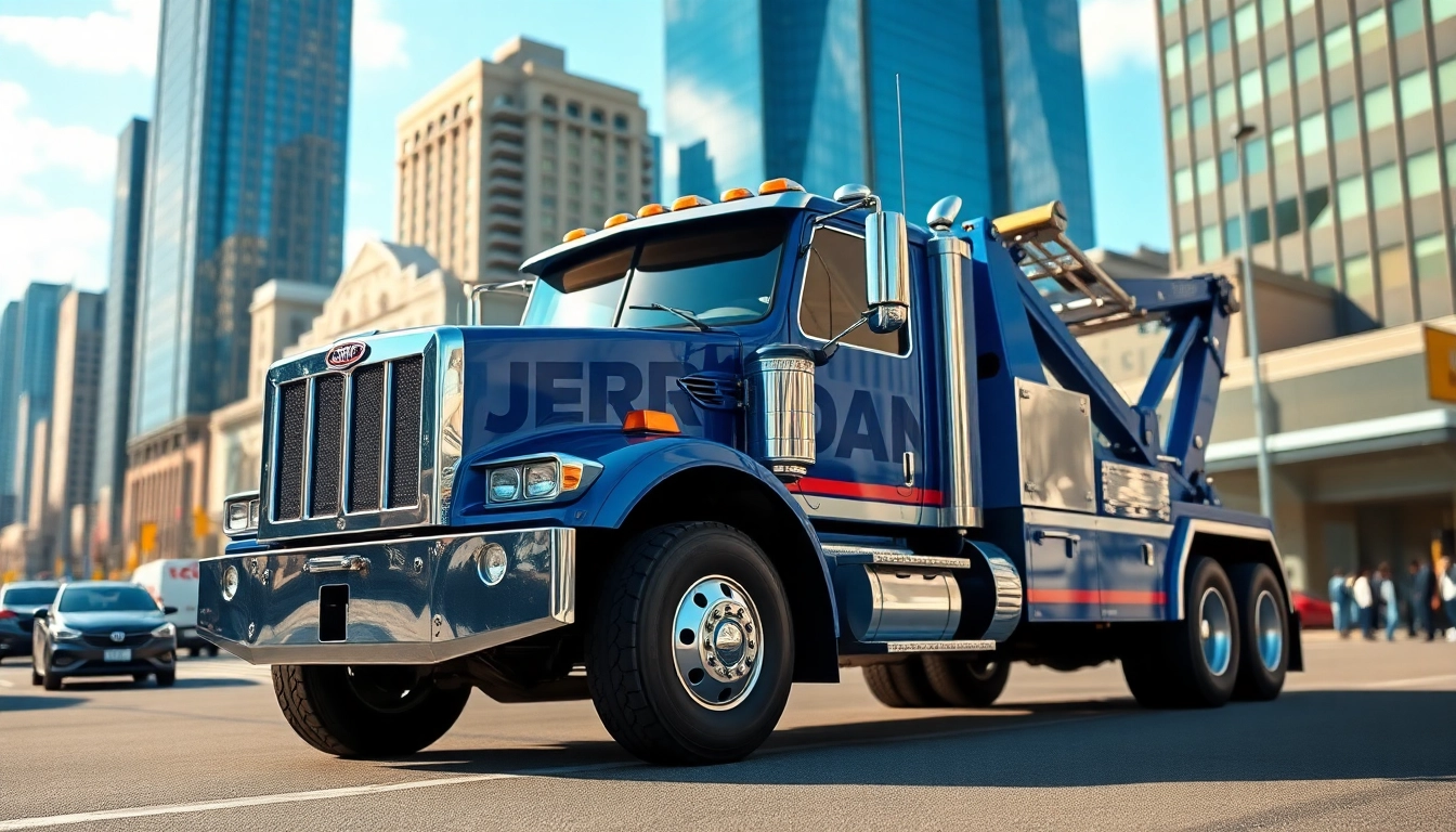 Jerr Dan tow truck demonstrating durability in an urban setting with cityscape.